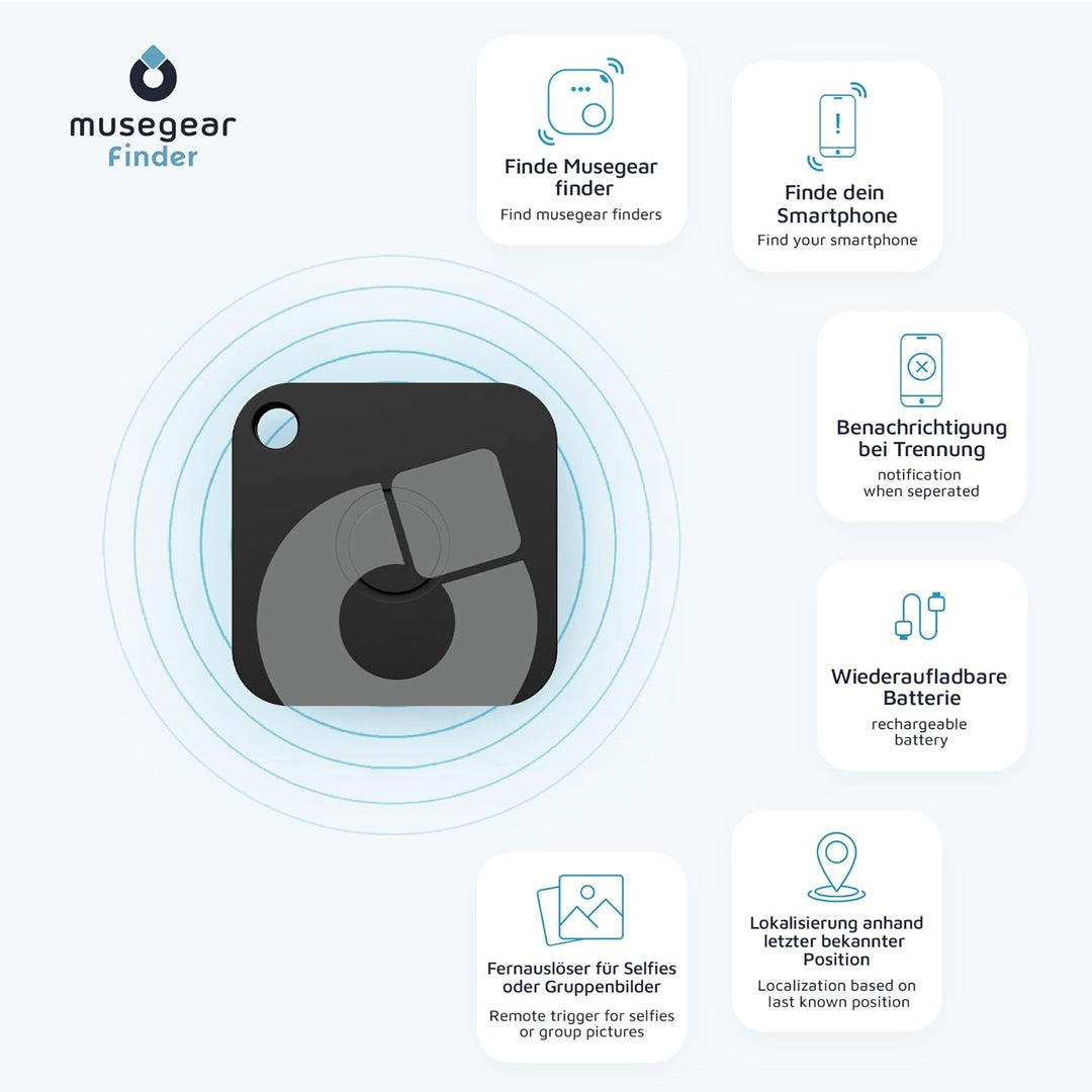 musegear Schlüsselfinder Recharge - schwarz I aufladbar I mit Bluetooth App aus Deutschland I Maxima