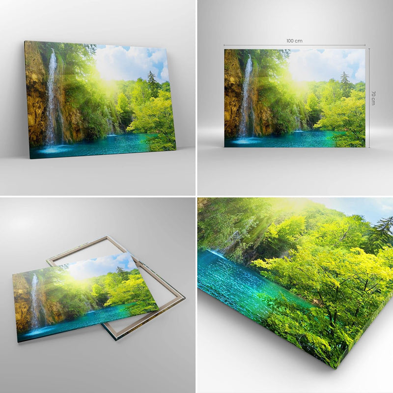 Bilder auf Leinwand 100x70cm Leinwandbild Wasserfall Forrest Himmel Gross Wanddeko Bild Schlafzimmer