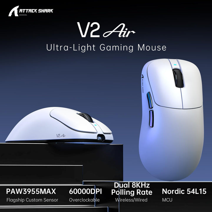 ATTACK SHARK V2 AIR PAW3955MAX Wireless Gaming Mouse with C06 Cable B-White, B-White