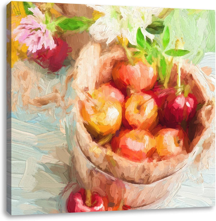 Pixxprint Bucket of Cherries Pinsel Effekt, Format: 70x70 auf Leinwand, 70x70