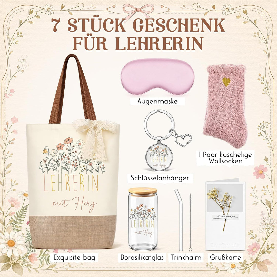 Hestya Danke Geschenkset für Lehrerin LEHRERIN mit Herz Tragetasche Klarglas Schlüsselanhänger Augen