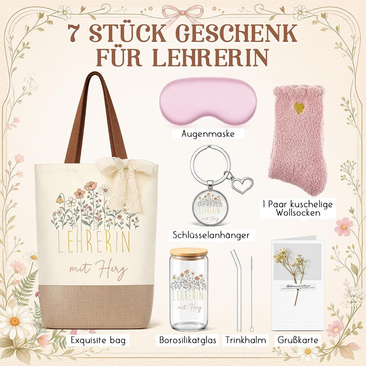 Hestya Danke Geschenkset für Lehrerin LEHRERIN mit Herz Tragetasche Klarglas Schlüsselanhänger Augen