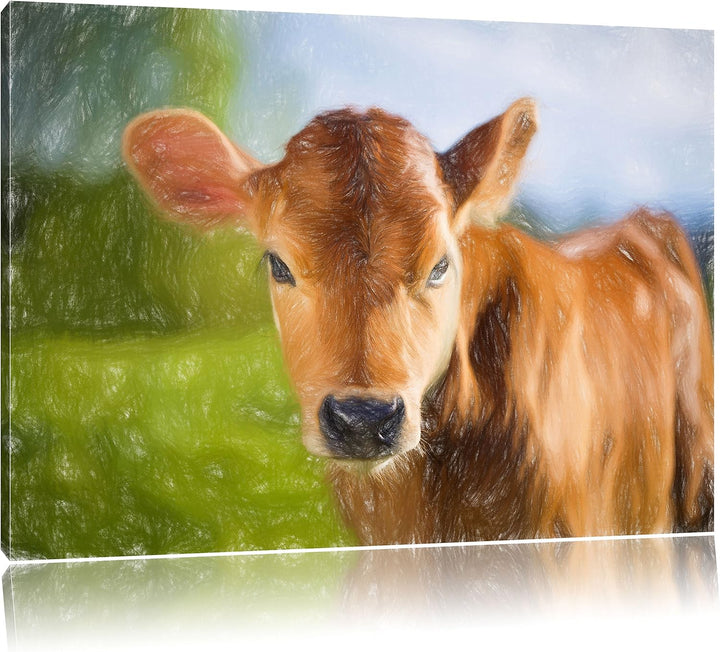 Pixxprint Junge Kuh Kälbchen als Leinwandbild/Grösse: 100x70 cm/Wandbild/Kunstdruck/fertig bespannt,