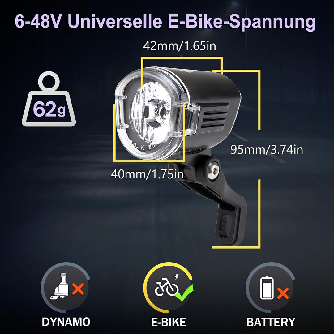 Fahrrad Frontlicht LED 30-100 Lux, Alu-Kühlkörper, 6-58V E-Bike/Fahrrad, IPX4/5, StVZO E-Bike 40lux,