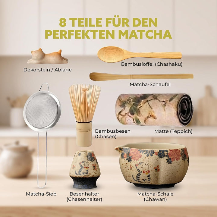 Matcha Set Japan 8-teilig – Premium Matcha Tee Set mit Keramik Schale, Bambus Chasen Besen &amp; Halter,