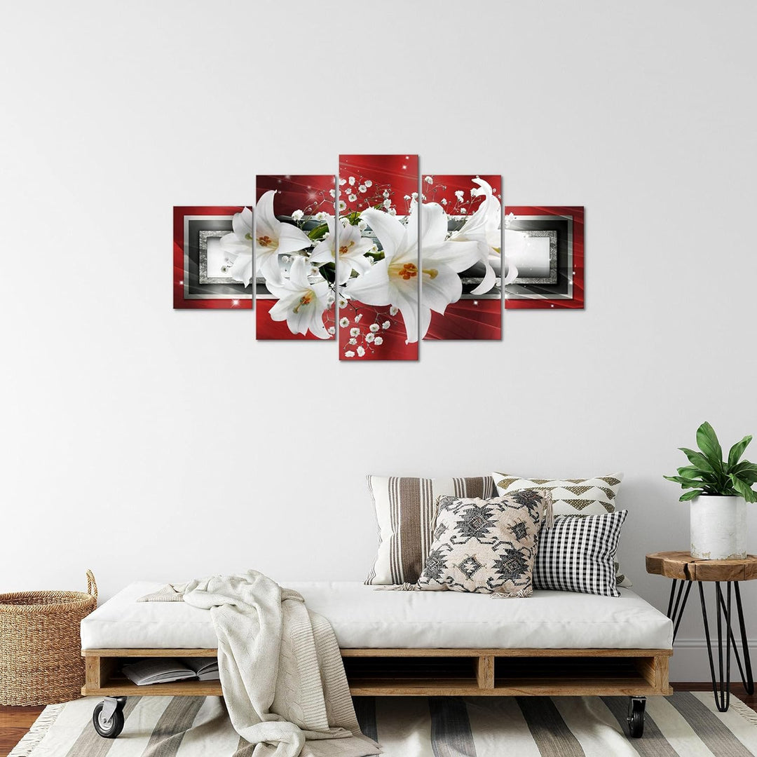 Runa Art Bild Wohnzimmer Schlafzimmer Blumen Lilien 5 Teilig Abstrakt Rot Grau Wandbilder auf Vlies