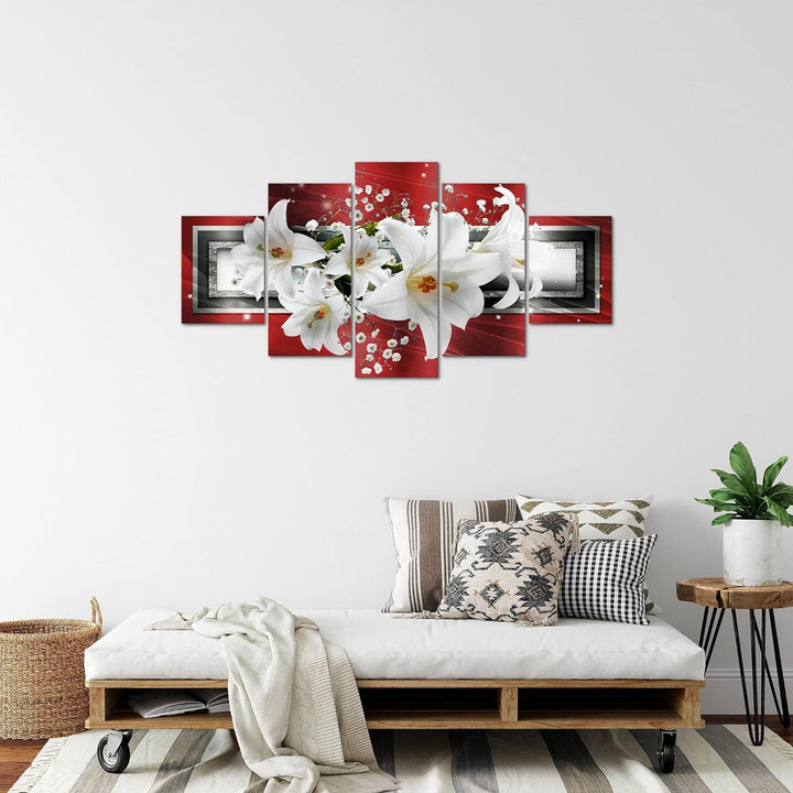 Runa Art Bild Wohnzimmer Schlafzimmer Blumen Lilien 5 Teilig Abstrakt Rot Grau Wandbilder auf Vlies