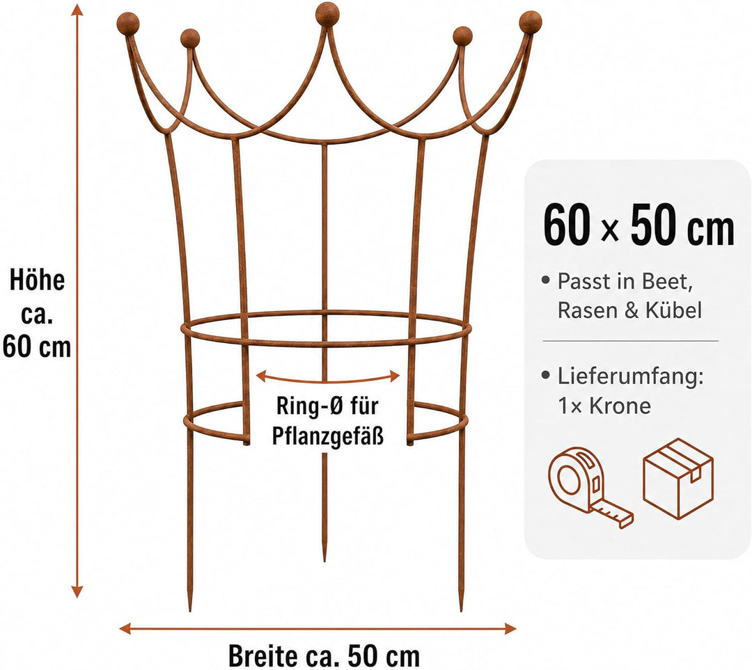 Edelrost Krone Staudenstütze, dekorative Pflanzenstütze aus Metall, nostalgisches Design, wetterfest