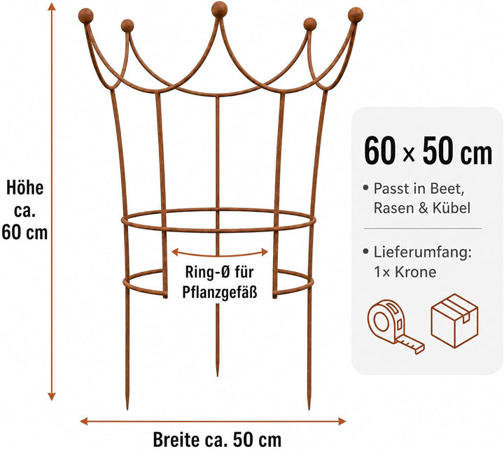 Edelrost Krone Staudenstütze, dekorative Pflanzenstütze aus Metall, nostalgisches Design, wetterfest