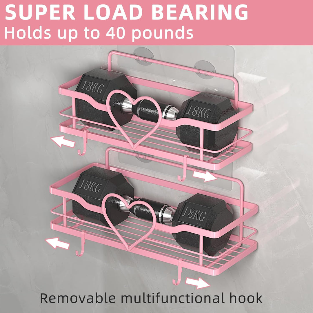 2 Stück Duschablage Ohne Bohren, Rosa Duschregal mit 4 Haken, Dusche Halterung Duschkorb zum kleben,