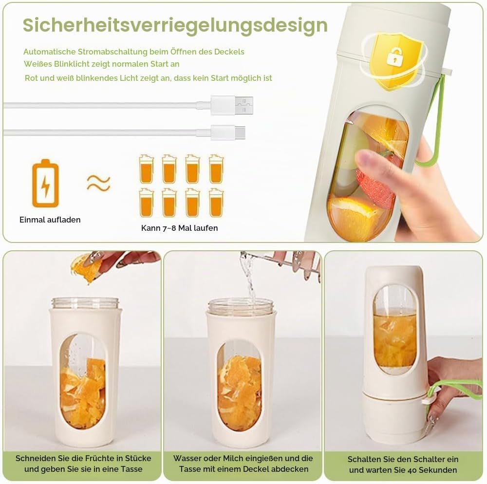 Tragbarer Mixer für Smoothie, 450ml Mixer Smoothie Maker To Go Mini Mixer to Go USB Aufladbarer Mini