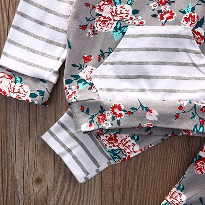 EDOTON Baby Mädchen Outfit 2 Stücke Set Gestreifte Blumen Hoodies mit Tasche Top + Lange Hosen Sweat