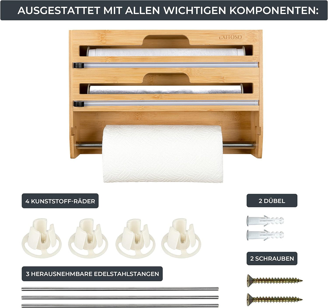 Exitoso 3-in-1 Folienschneider aus Bambus | Küchenrollenhalter Frischhaltefolienspender & Alufoliens