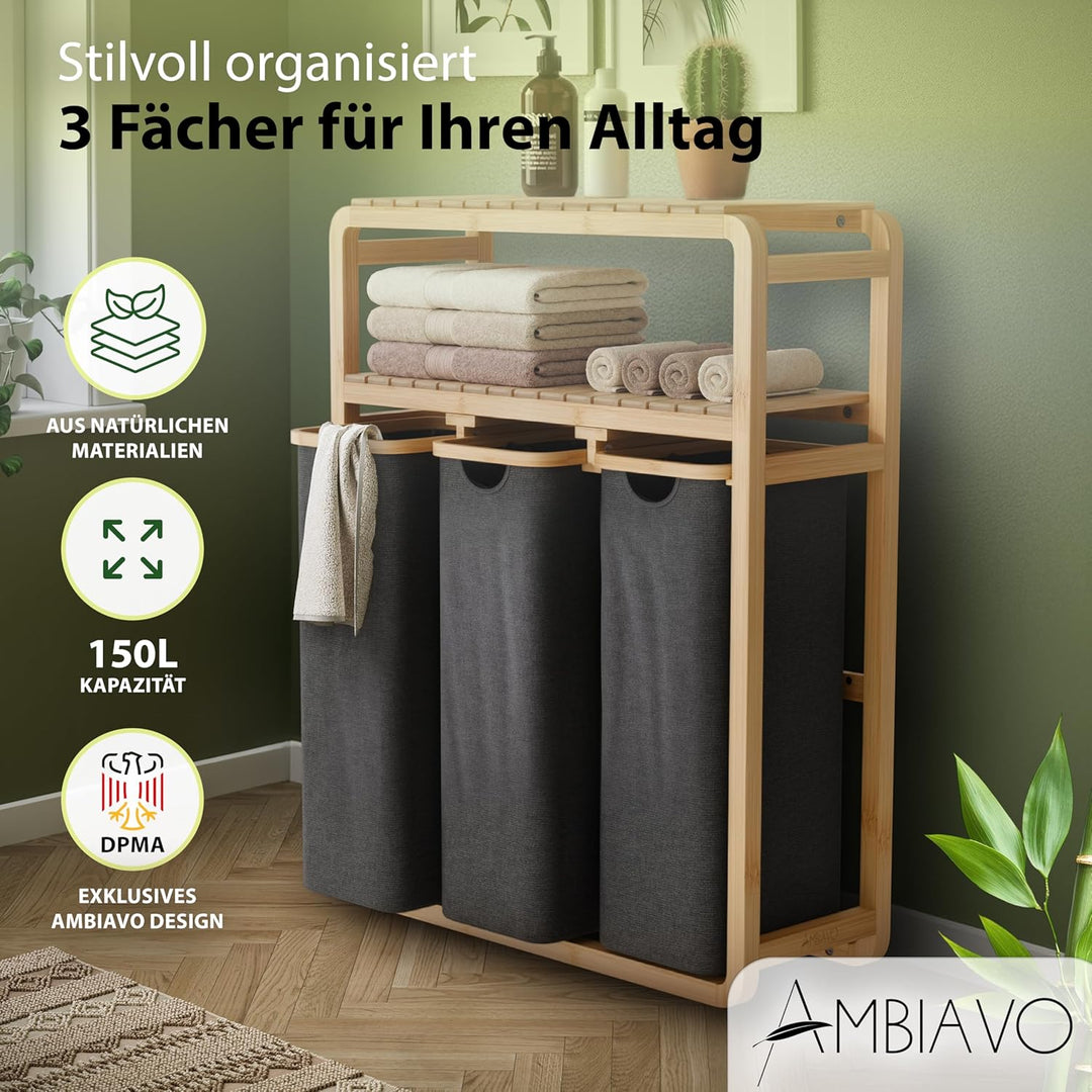 Wäschekorb 3 Fächer mit Ablage grau, 150 L Bambus · Wäschesammler mit Regal · 50 L pro Fach · heraus