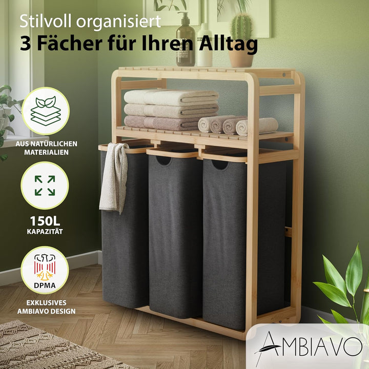 Wäschekorb 3 Fächer mit Ablage grau, 150 L Bambus · Wäschesammler mit Regal · 50 L pro Fach · heraus