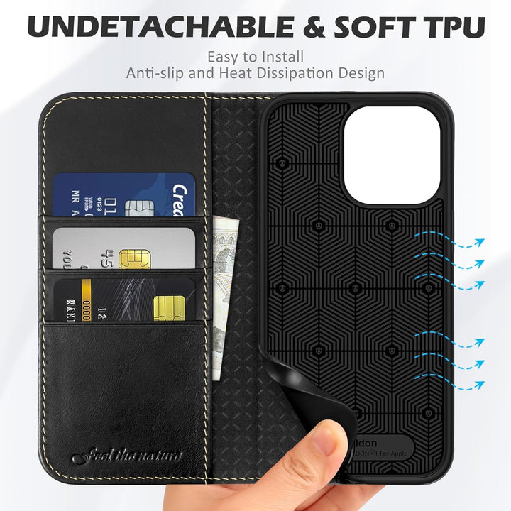 SHIELDON Hülle für iPhone 15 Pro Max, Stossfeste Schuzhülle [Echtleder] [Kartenfach] [Stand] [Verdic