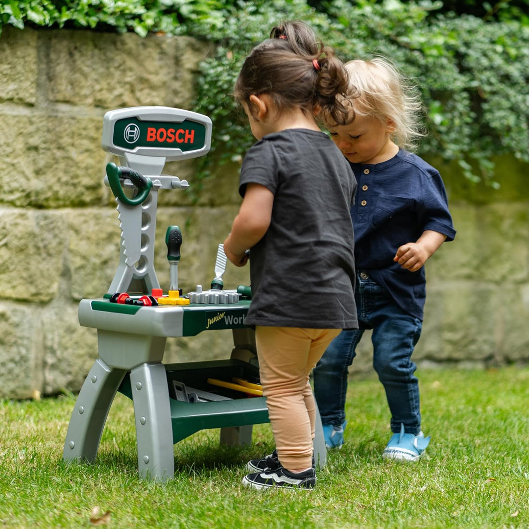 Klein Theo 8612 Bosch Werkbank Junior 2+ | Inkl. Helm, Schraubstock, Werkzeugen, Latten, Nägel, Schr