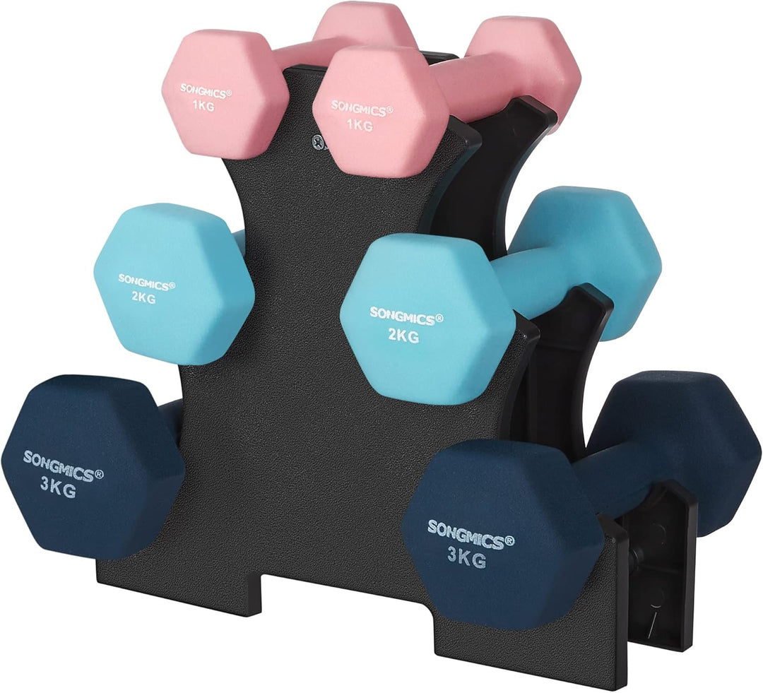 SONGMICS Hanteln, Hantelset 2 x 5 kg, Kurzhanteln mit Hantelständer 2 x 1 kg, 2 x 2 kg, 2 x 3 kg, Kr