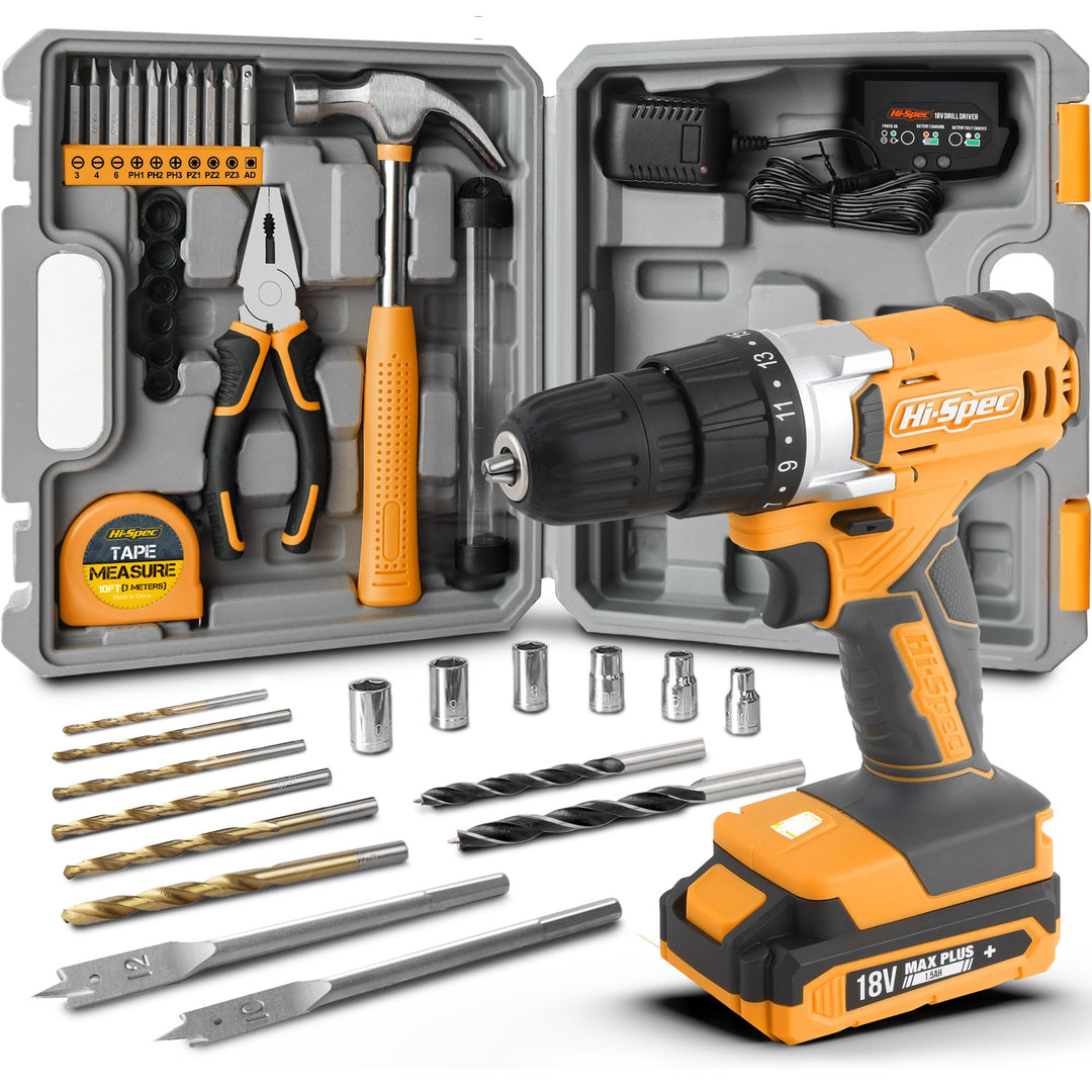 Hi-Spec 30-tlg. DIY Kompakt-Werkzeug-Set mit 18V Akku- & Bohrschrauber, Bohrmaschine, Akkubohrer und