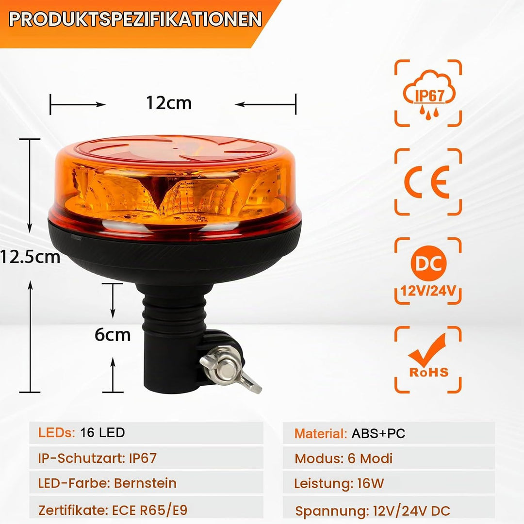 Qiping 12/24V LED Blitz Kennleuchte Orange Warnleuchte Amber Blitzlicht Gelb Strobe Light - ECE E9-g