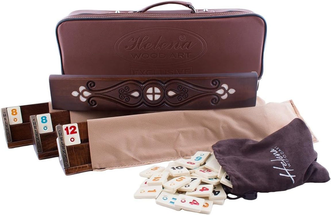 Helena Wood Art, Handgefertigtes Oval Rummy Set aus Holz inklusive Tasche, Okey Takimi, 100% Holz, L