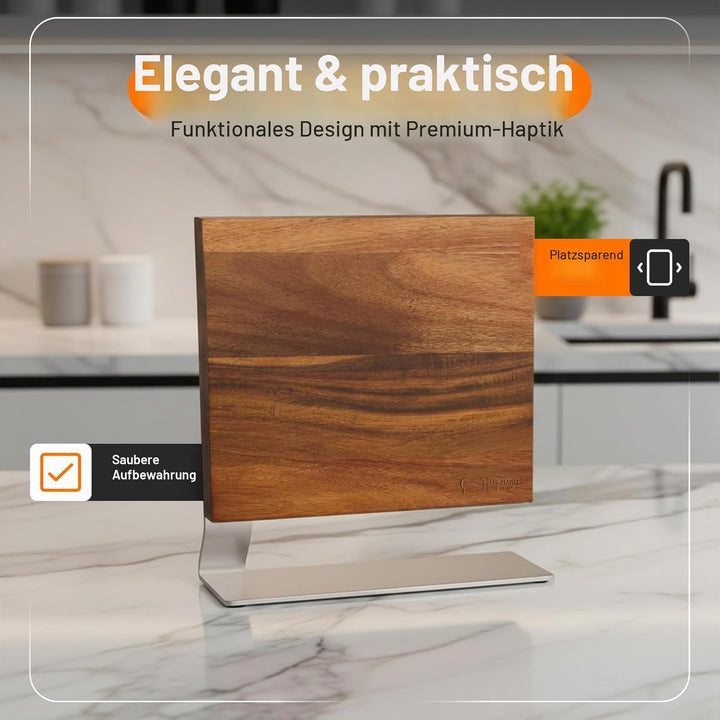 Magnetischer Messerblock aus Akazienholz mit Edelstahlbasis – Edles Design Messerhalter für bis zu 8