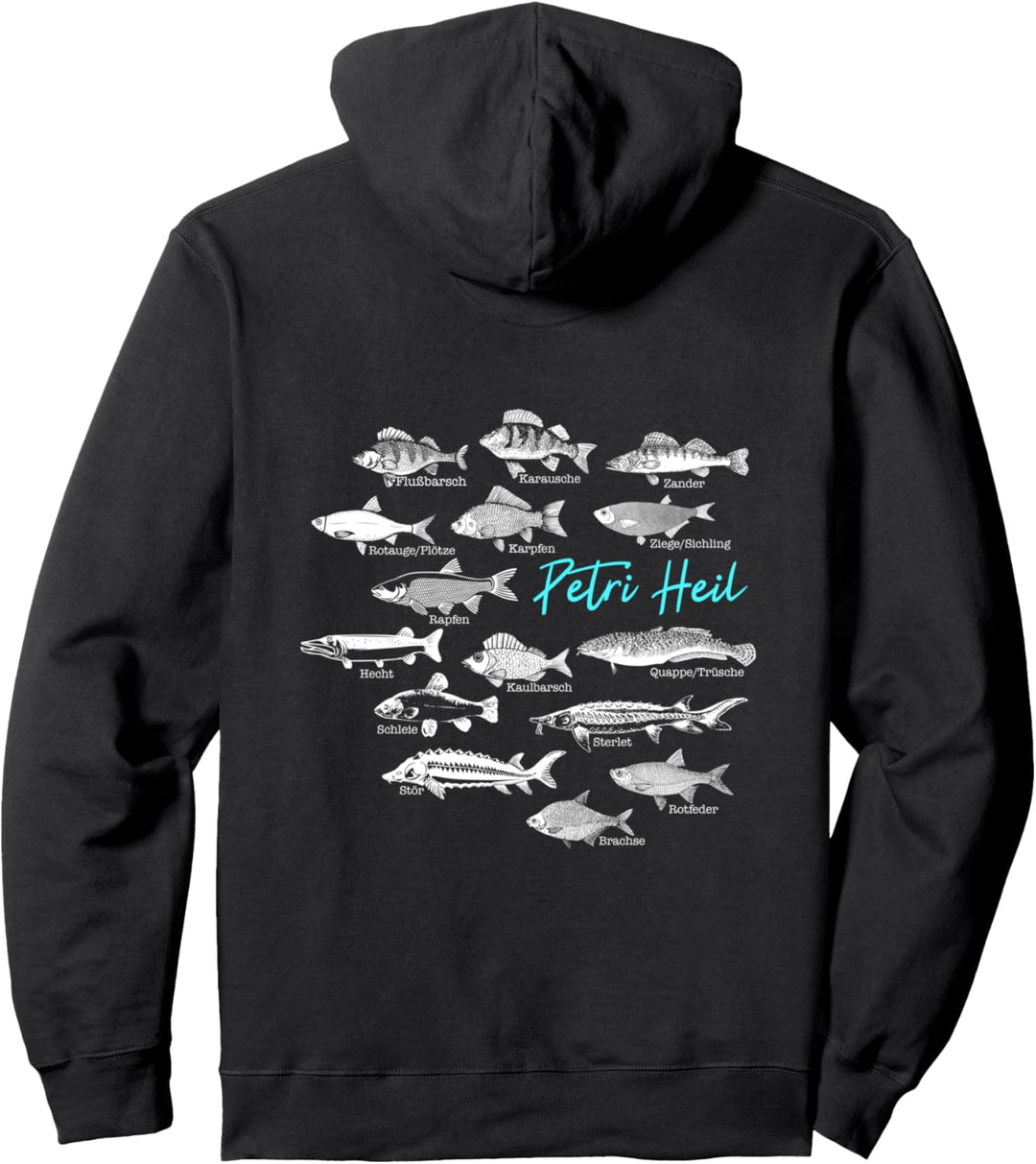 Angler Design mit diversen Fischarten Petri Heil für Fischer Pullover Hoodie