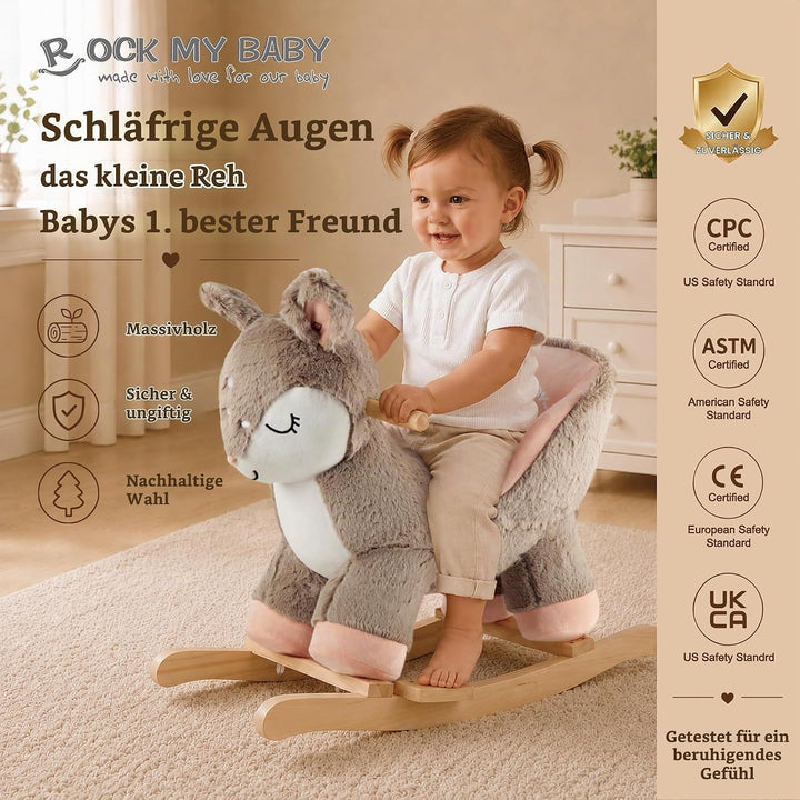 Plüsch Rocking Horse - weicher gefüllter Körper, Sicherheitssitz Stuhl, Holz Rockers, Musikknopf - K