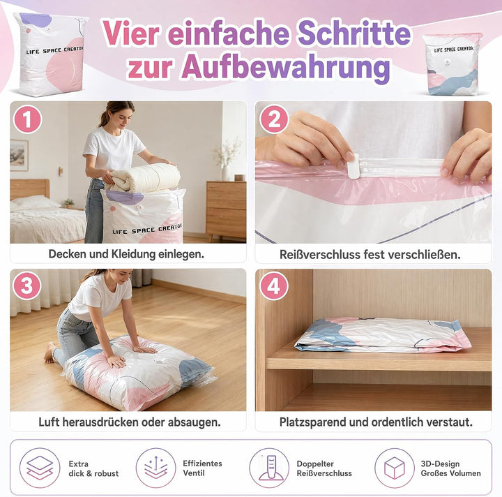 4 Stück Vakuumbeutel Ohne Pumpe, No‑Pump Vacuum Large Storage Bags