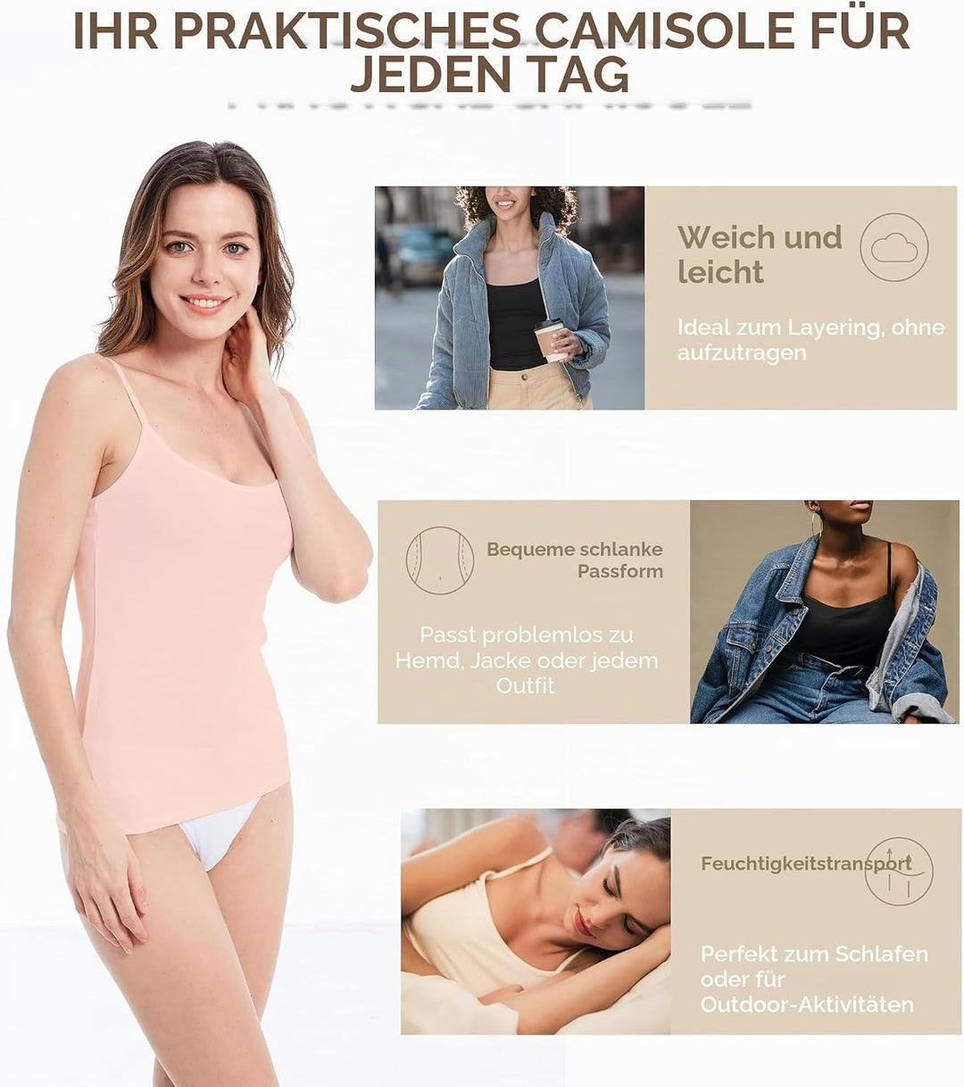 Comfneat Damen 4-Pack Spaghetti Tops Slim-Fit Verstellbare Träger Camisole Baumwolle Elasthan Unterh