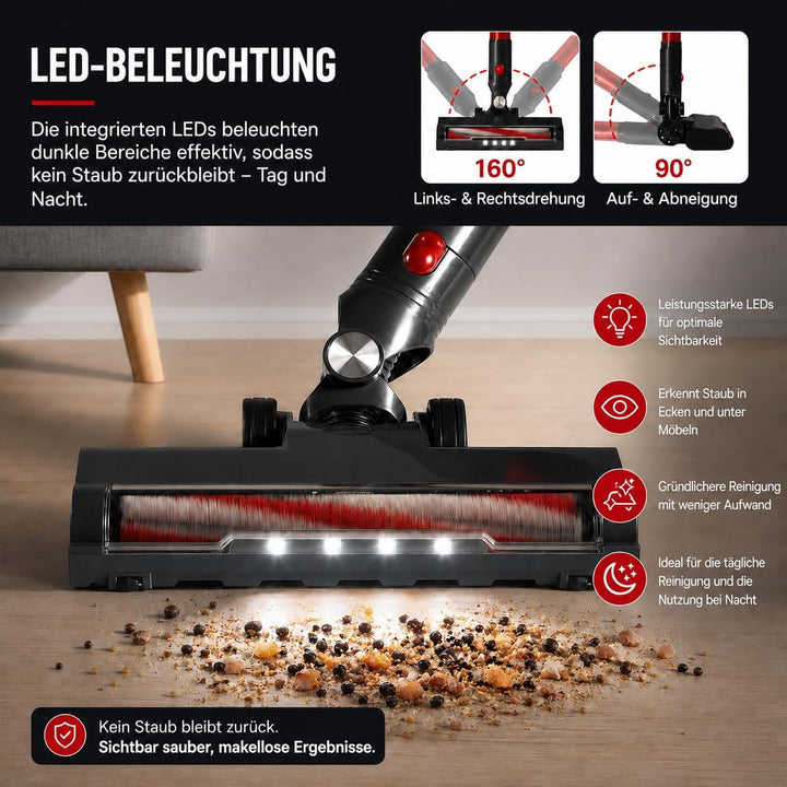 Kabelloser Staubsauger Einziehbarer 4-in-1 LED Akku Staubsauger 2-Stufen Anti-Tangle kabelloser Saug