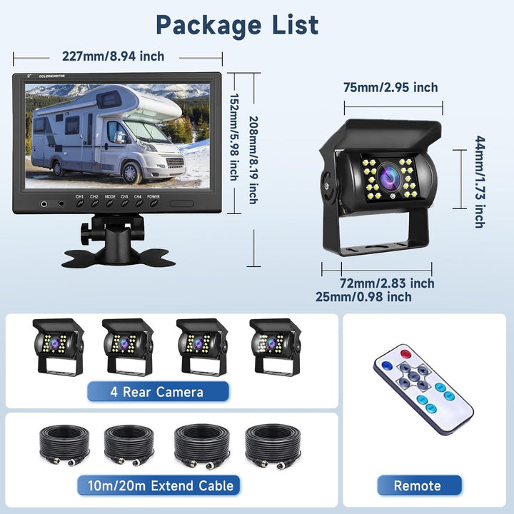 Podofo Rückfahrkamera Kabel mit Monitor 9’’ 4 Kameras Set 1/2/3/4 Geteilter Bildschirm IP68 wasserdi