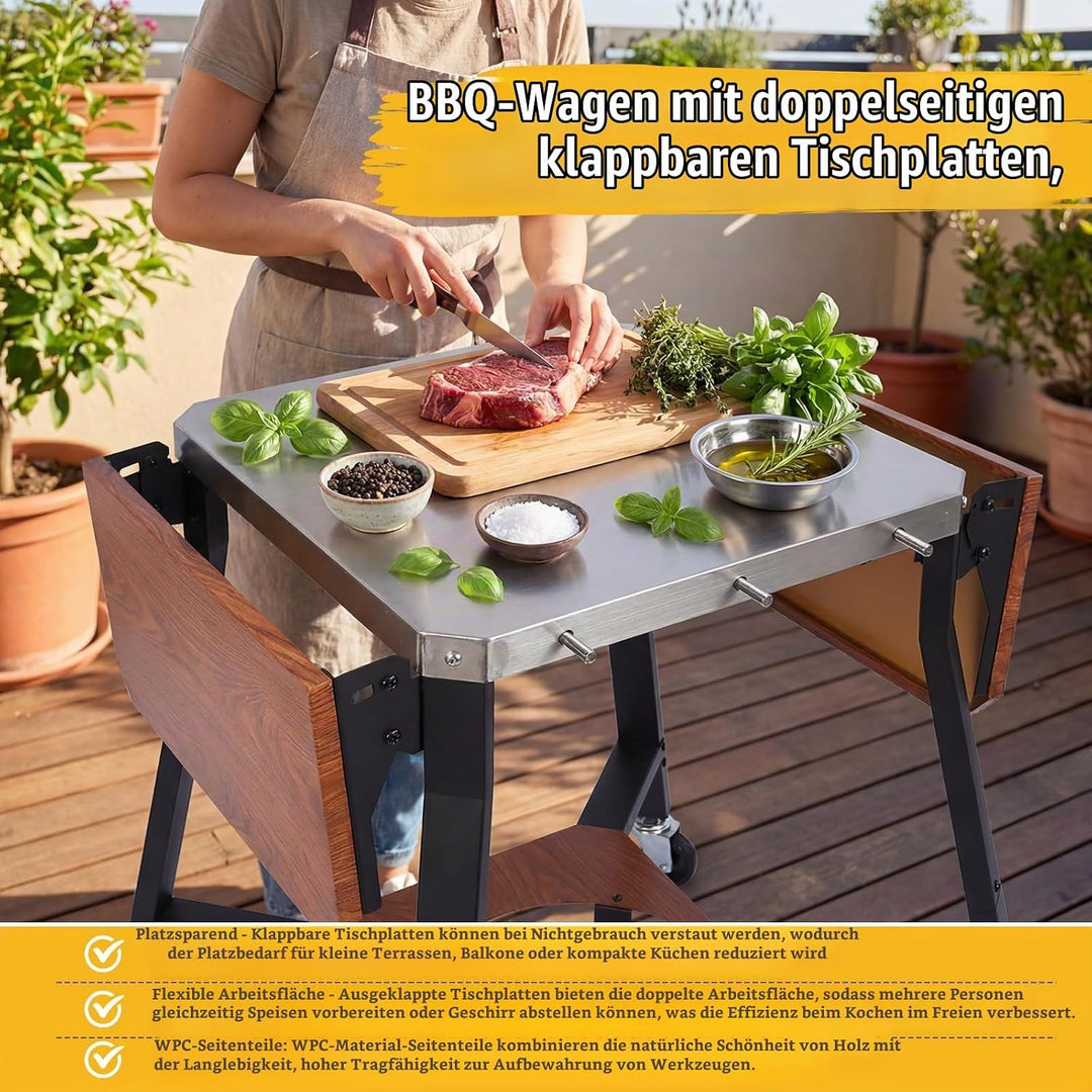 GFTIME Grillwagen mit Edelstahl-Arbeitsplatte, BBQ Wagen mit 2 klappbaren Seitenablagen, Gasflaschen