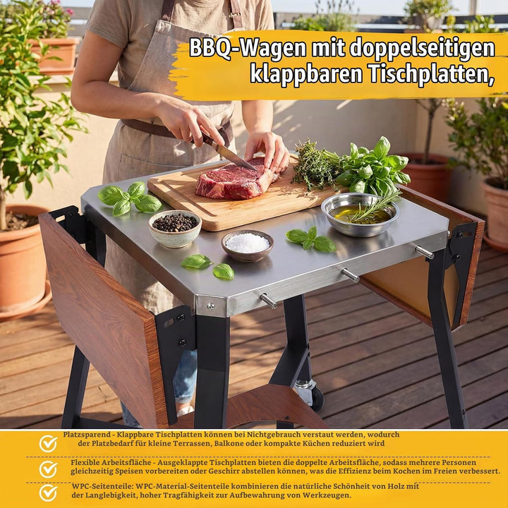 GFTIME Grillwagen mit Edelstahl-Arbeitsplatte, BBQ Wagen mit 2 klappbaren Seitenablagen, Gasflaschen