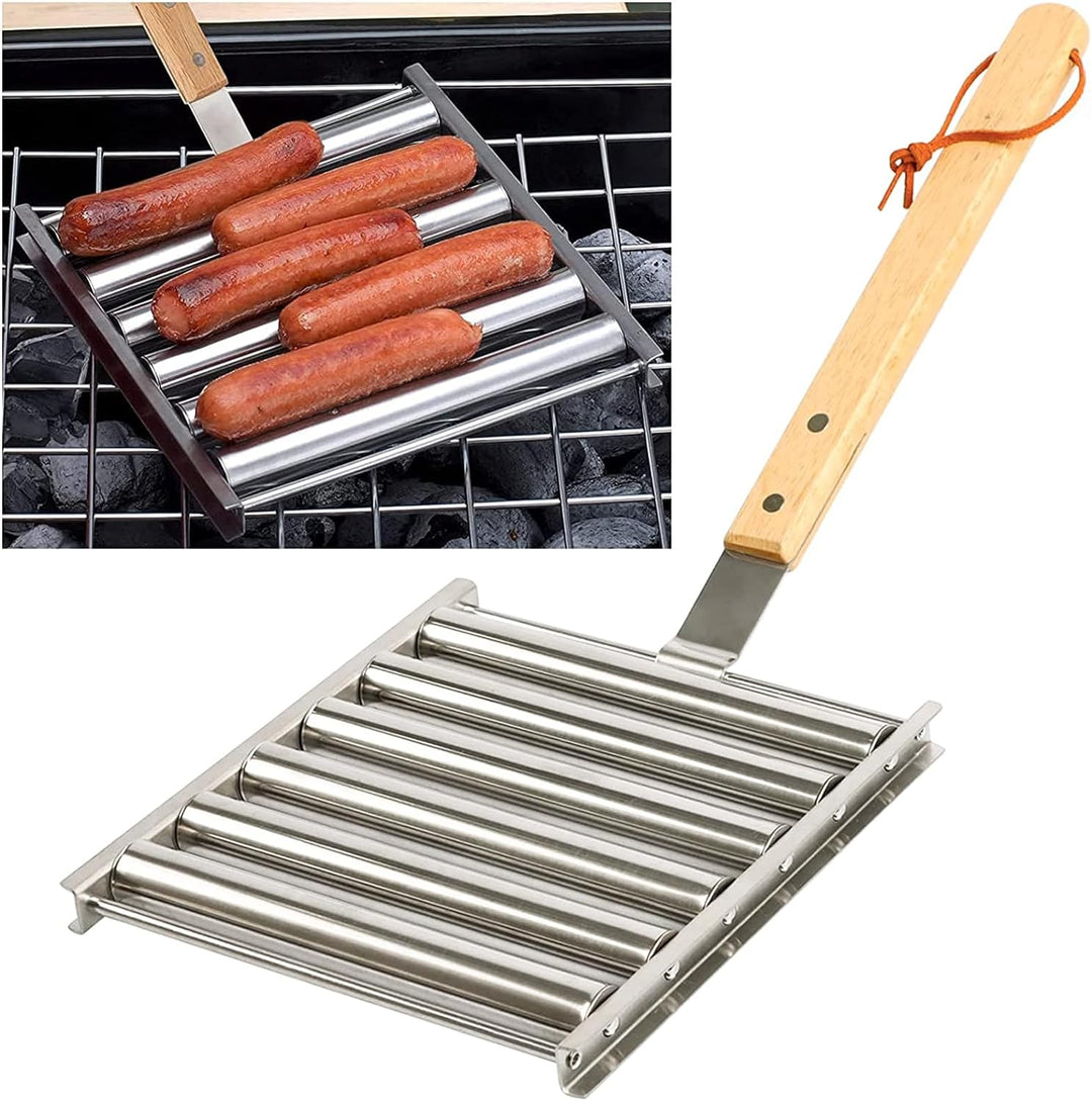 KAYCROWN Hot Dog Roller Edelstahl Wurstroller Rack mit extra langem Holzgriff, BBQ Hot Dog Griller f