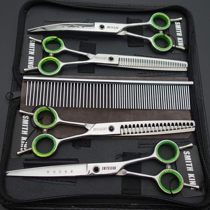 7,0 Zoll Professional Dog Grooming Scissors Set Gerade & Ausdünnen & Gebogen & Chunker & Kamm 5 Stüc