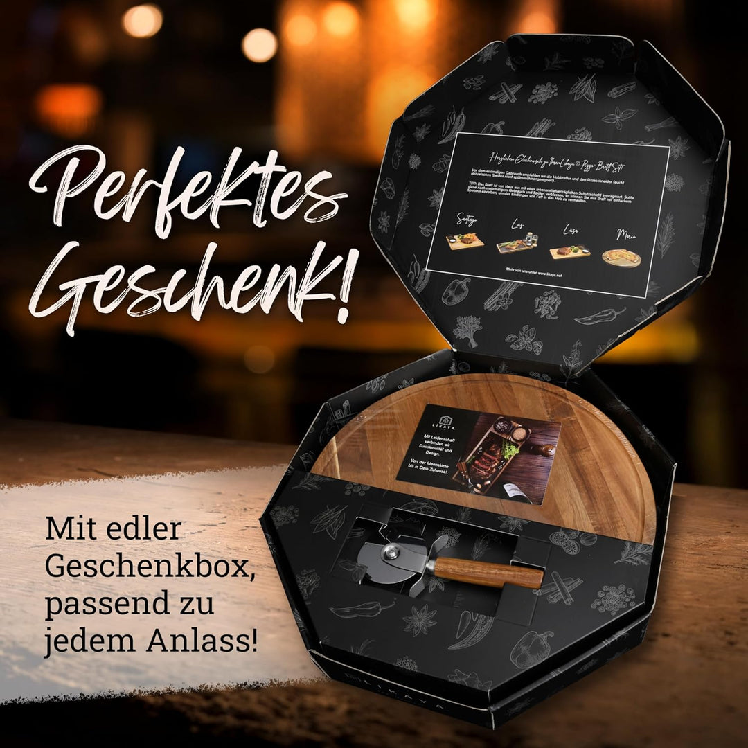 LIKAYA® Pizzabrett/Pizzateller 'MARIO' 2er Set rund mit Pizzaschneider [⌀35cm gross] aus FSC®-zertif