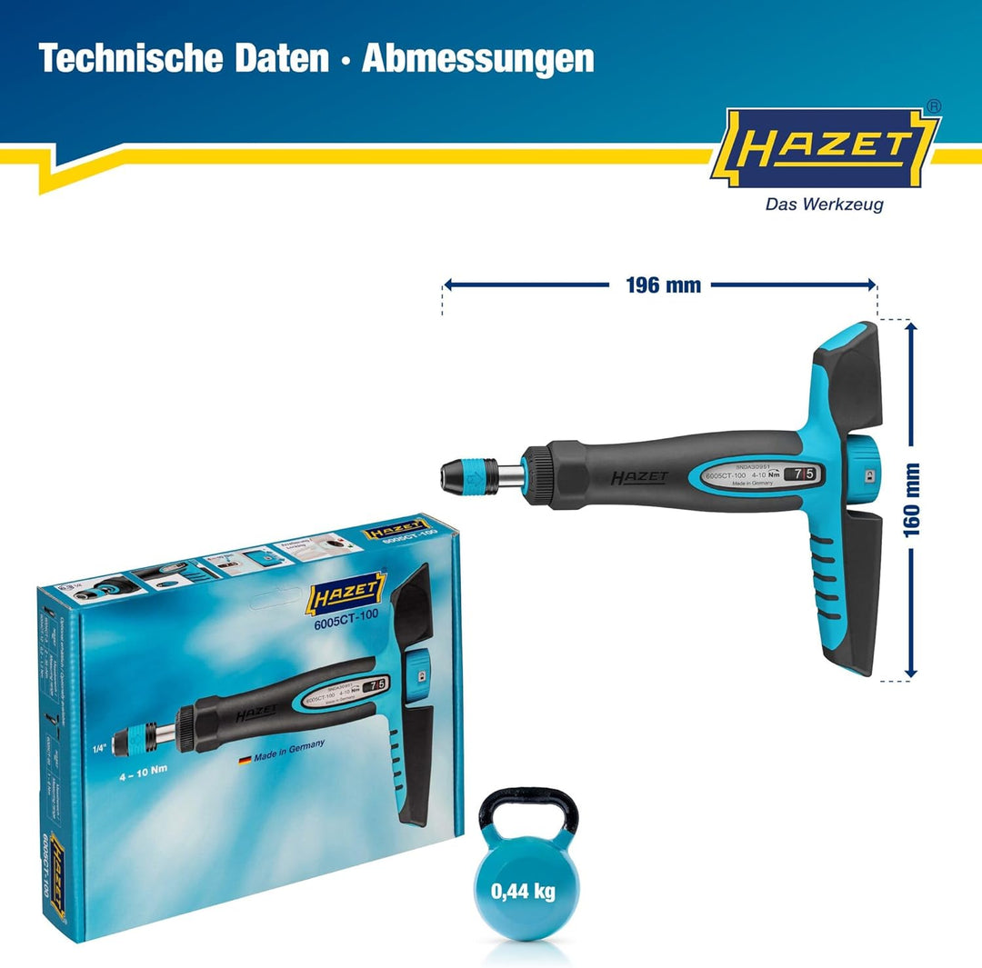 HAZET Drehmomentschraubendreher 6005CT-100, 1/4" mit Quergriff, 4-10 Nm, 6% Genauigkeit, 198 mm Läng