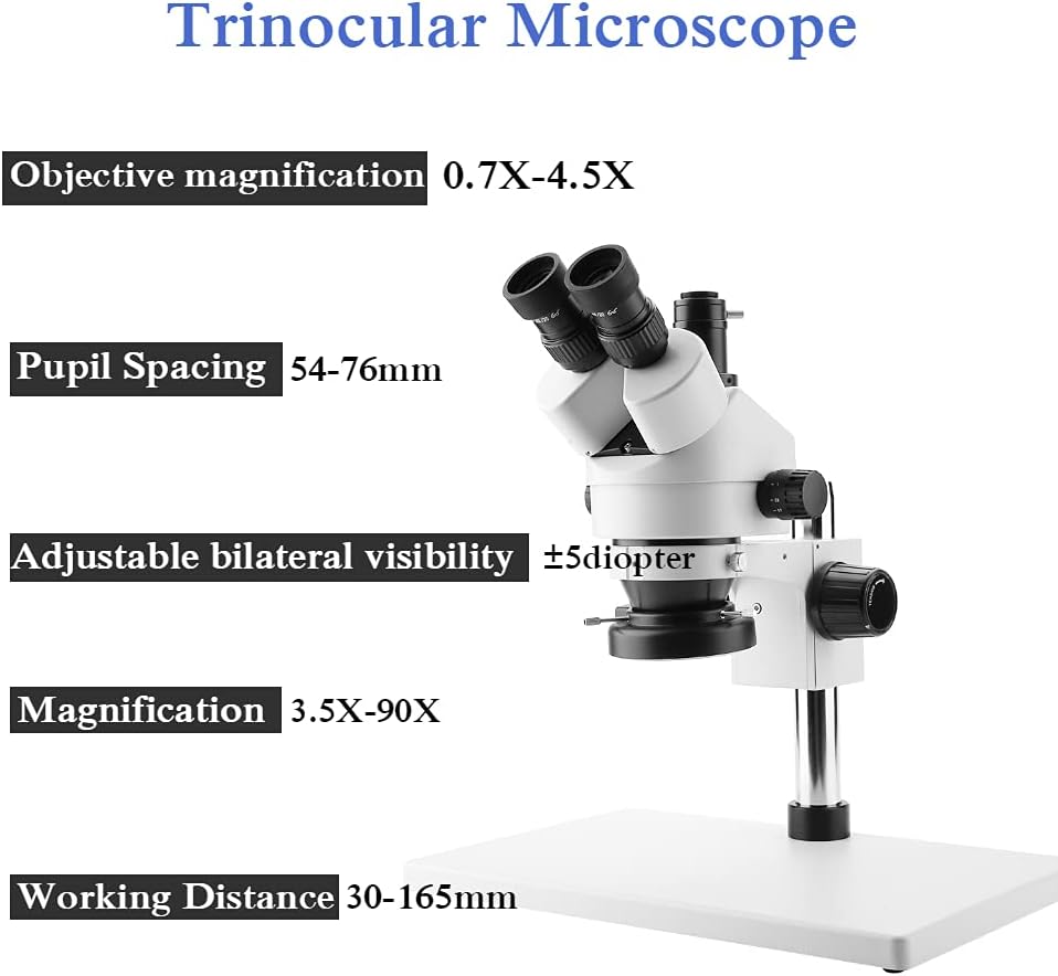 3,5X-90X Trinokular-Stereo-Zoom-Mikroskop Einstellbarer Tri-Vision-Arbeitsabstand von 30 bis 165 mm