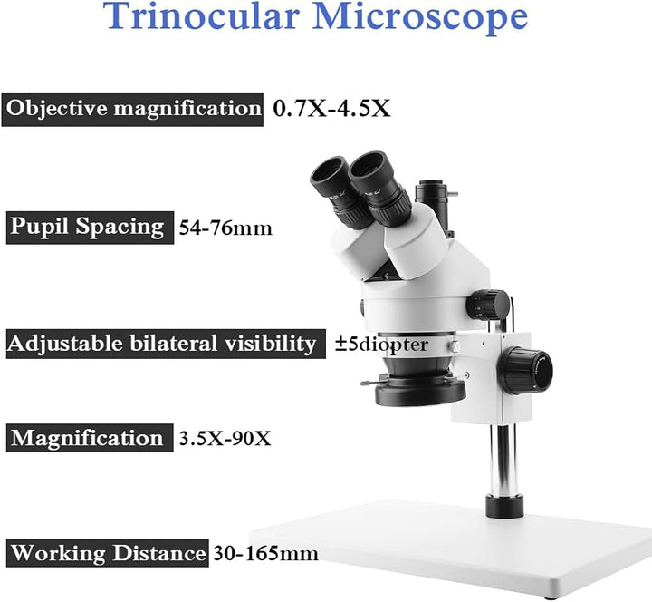 3,5X-90X Trinokular-Stereo-Zoom-Mikroskop Einstellbarer Tri-Vision-Arbeitsabstand von 30 bis 165 mm