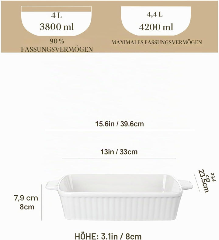 MALACASA Auflaufform Gross, 40 cm Rechteckig Ofenform mit Griffen für 4-6 Personen(4 L), Tiefe Bakin