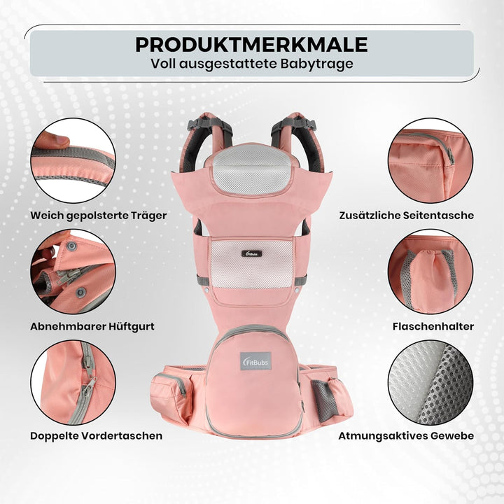 Babytrage mit Hüftsitz – Ergonomisch & Atmungsaktiv, Front- und Hüfttrage für Babys und Kleinkinder