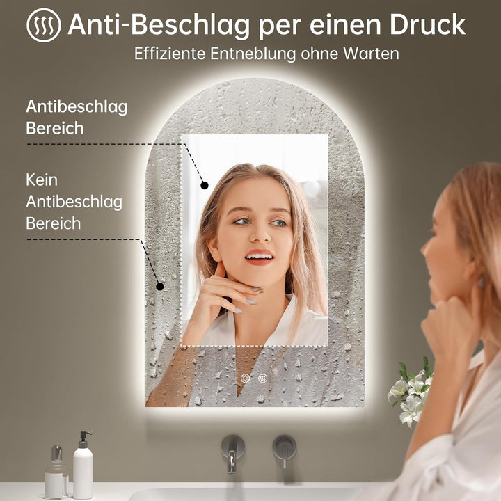 OUMUSU Badspiegel mit Beleuchtung Bogen 50x75 cm, Rahmenlos Badezimmerspiegel mit Beleuchtung, Gewöl