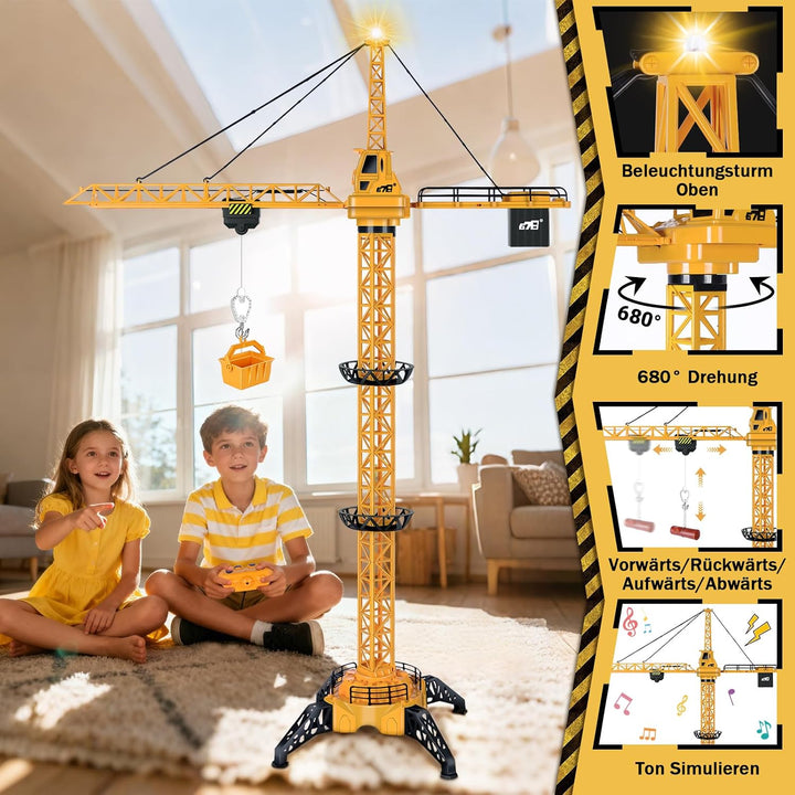 Herefun Ferngesteuerte Turmkran, 128 cm Hohe 2,4 Hz Turmdrehkran, 6 Kanäle Tower Crane Elektrisch, R
