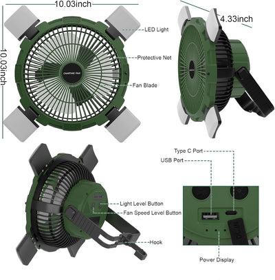 Qoosea Camping Ventilator 3 IN 1 8000mAh Campingventilator Leise mit LED Licht für Zelt USB Tischven