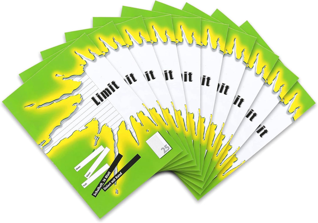 Limit Schulheft 10er Pack A4 Lineatur 25 - liniert mit Rand 16 Blatt grün & Schulheft 100050511 10er