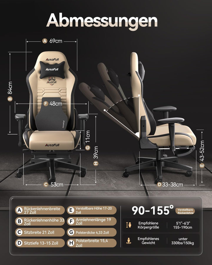AutoFull Gaming-Stuhl Bürostuhl Schreibtischstuhl mit ergonomischer Lordosenstütze, PU-Leder im Raci