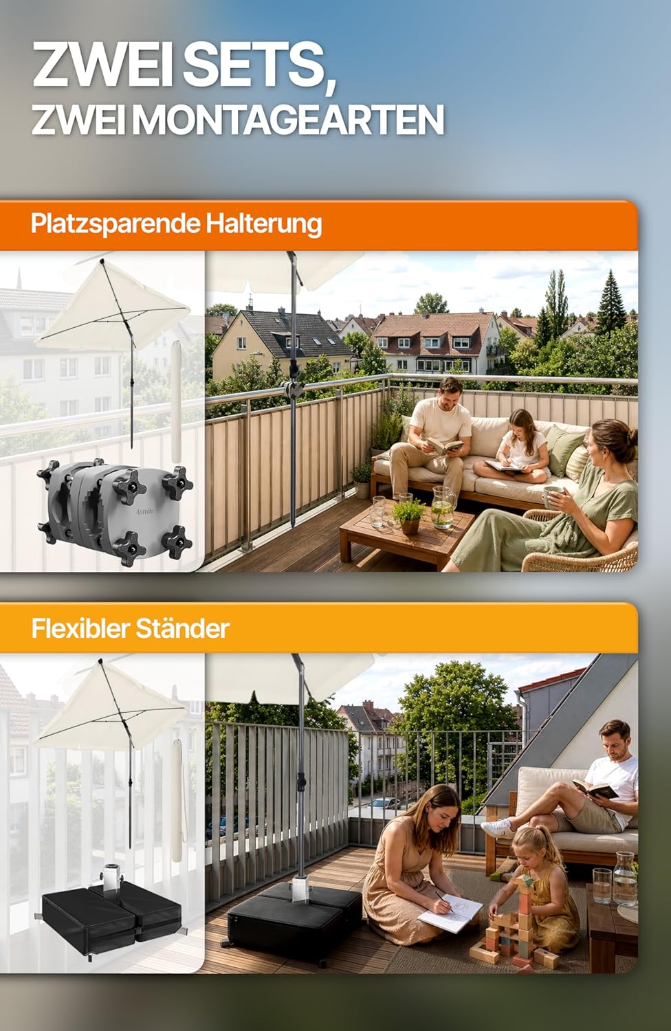 4smile SunnyShade Balkonschirm Rechteckig 210x140 cm, Sonnenschirm Balkon mit UV 50+, Sonnenschutz B