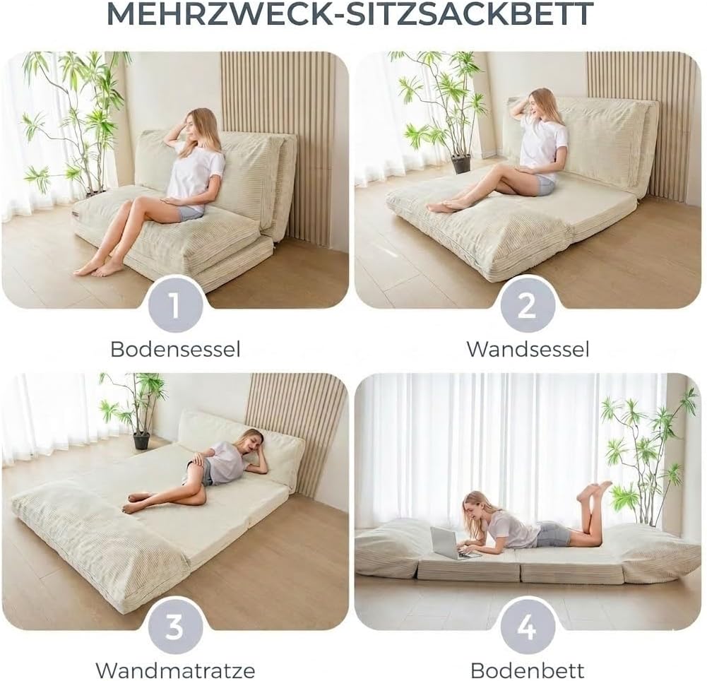 MAXYOYO Sitzsack-Bett, faltbar, Cordsamt, Schlafsofa, Bodenmatratze für Erwachsene, extra dick, 4-Fa