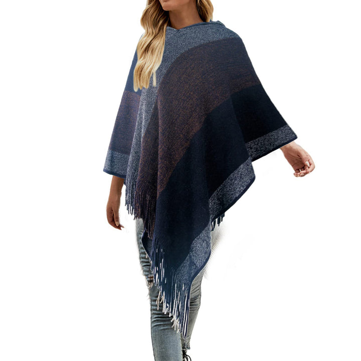 Wahuan Eleganter Bequemer Damen Poncho Pullover mit Chevronstreifen und Fransen Poncho Cape Retro Ca